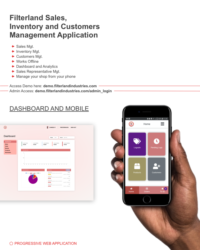 Filterland sales, inventory and customer management dashboard and mobile app